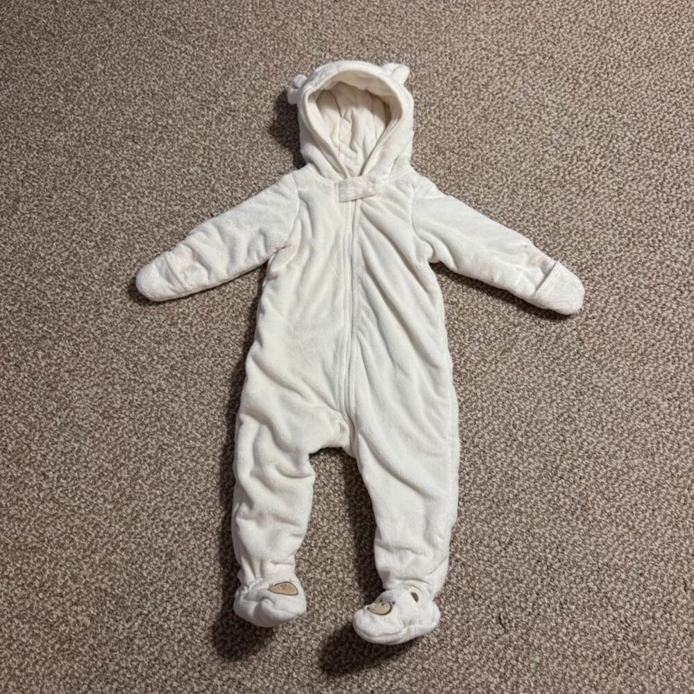 Cuddle Bear White Fleece Bear Footed Hooded Baby Winter Snowsuit 12 Months